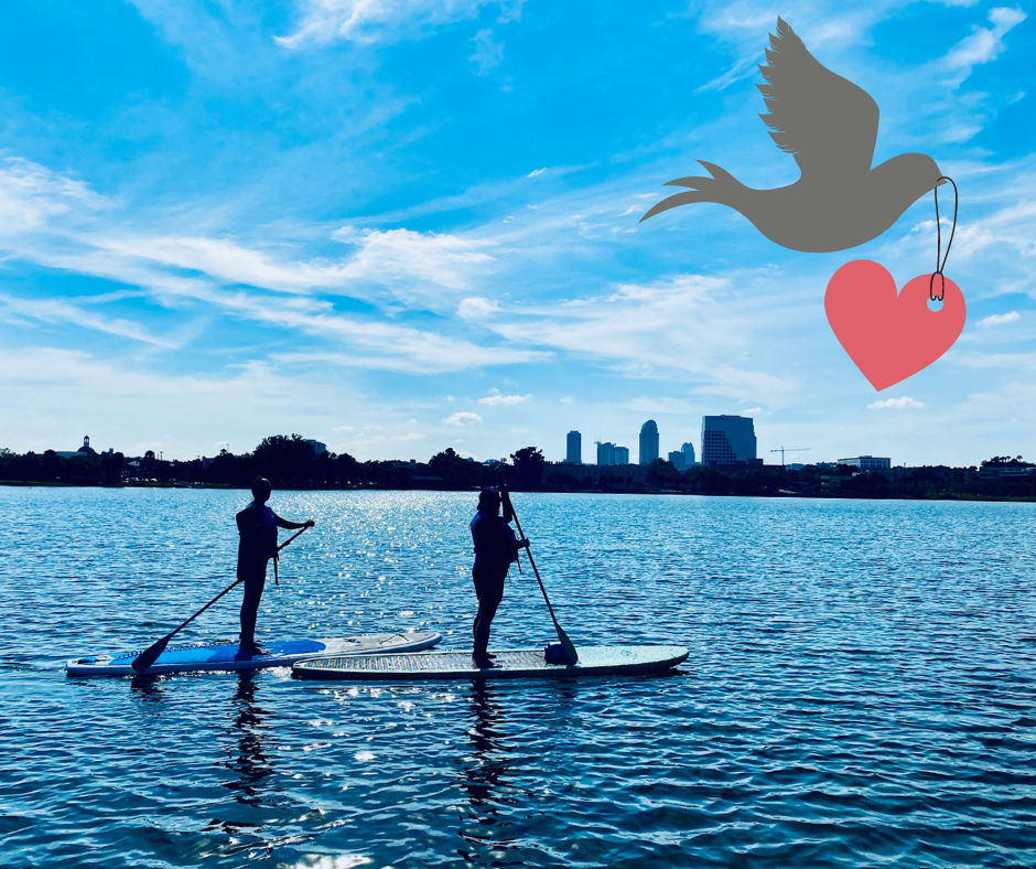 Couple enjoying a sunny day on the lake using paddleboards