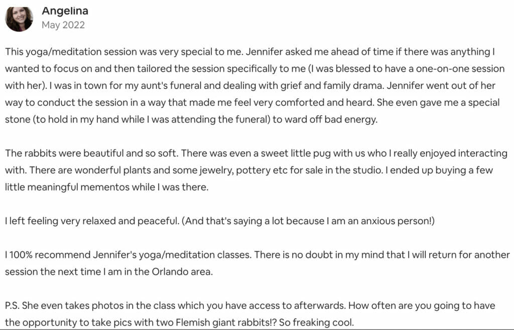 Glowing review of bunny yoga experience